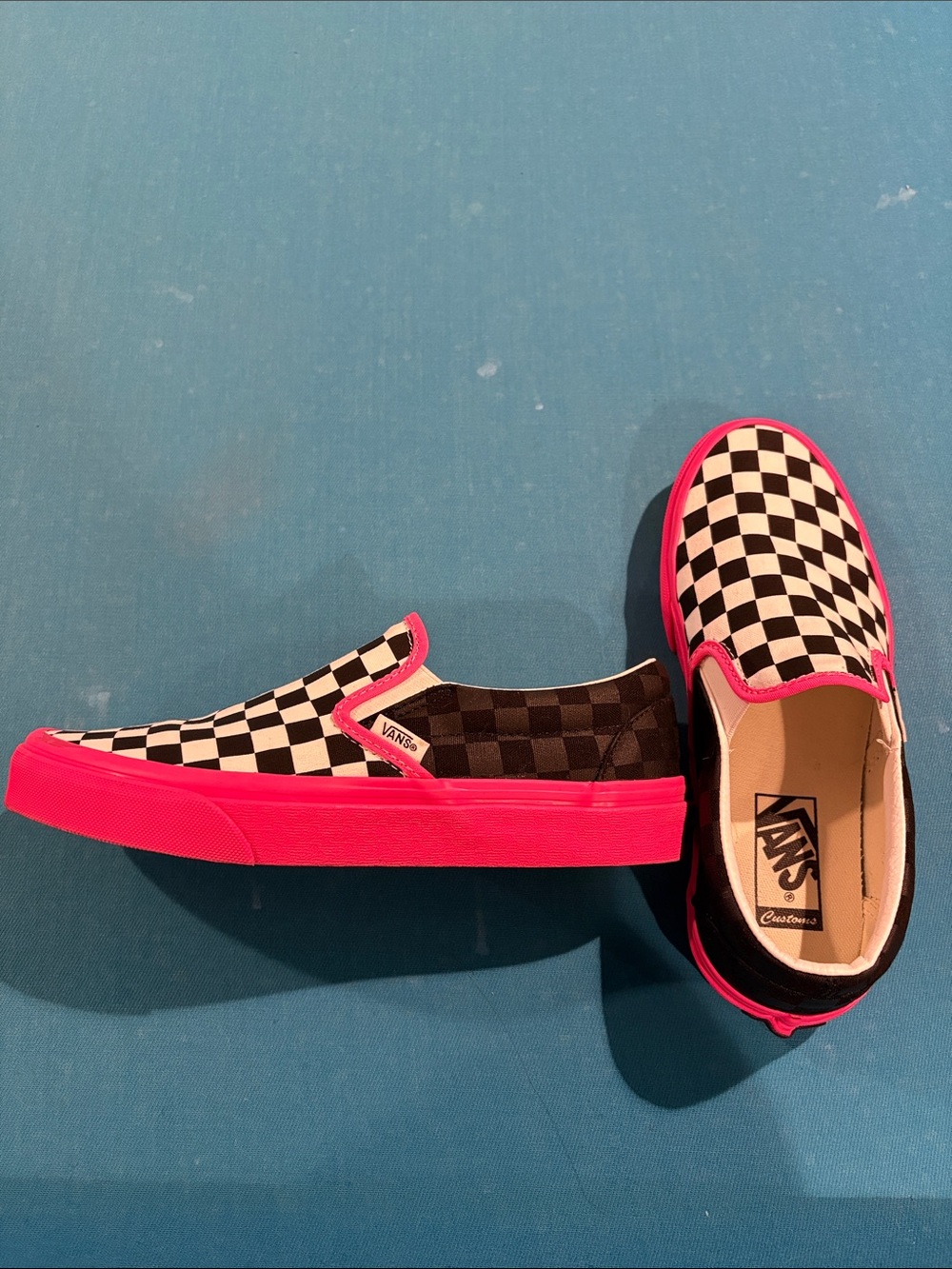 Vans Kids Checkerboard Slip-On Sneakers - Black/White with Hot Pink